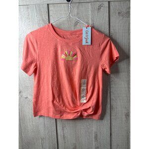 Cat & Jack Girls Coral Short Sleeve Rainbow Sun Front Knot Graphic Tee S (6/6X)